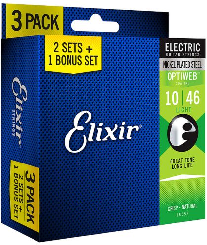 Elixir 3 Pack 010-046 струни за електрическа китара с Original Optiweb ultra thin coating 