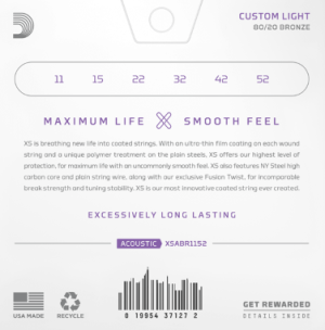 DADDARIO XSABR1152 11-52 Custom Light, XS 80/20 Bronze Coated Acoustic Guitar Strings