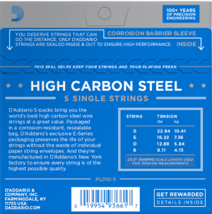 D'Addario PL010-5 Plain Steel Guitar Single String, .010 5-pack