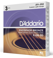 Daddario струни за акустична китара EJ26-3D  11-52 Custom Light, Phosphor Bronze 3-Pack