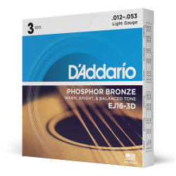 D'addario EJ16-3D  12-53 Light, Phosphor Bronze Acoustic Guitar Strings 3-Pack