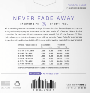 DADDARIO XSAPB1152-2P 11-52 Custom Light, XS Phosphor Bronze Coated Acoustic Guitar Strings 2Pack